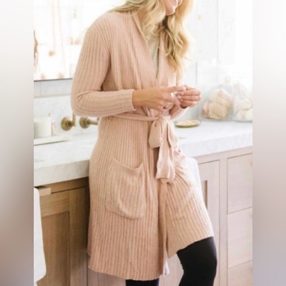 Saranoni Ribbed Bamboni Long Cardigan Wrap Robe - Soft Mauve Pink & Beige S & M